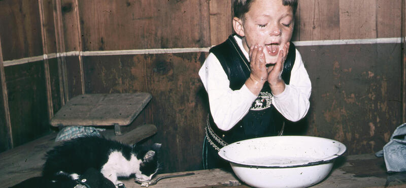 Historisches Foto in verblichenen Farben aus den fünfziger Jahren: Ein Junge, vor ihm steht eine weiße Schüssel mit  Wasser, wäscht sich das Gesicht. Links daneben sitzt auf dem Tisch eine schwarz-weiß gefleckte Katze, die etwas an einem Löffel ableckt.