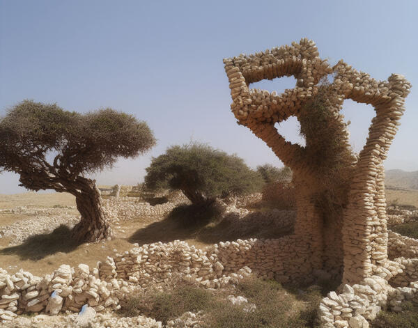 Kunstwerk: Ein Landschaftsfoto wurde mit Bildbearbeitung erweitert: Steinfiguren wachsen wie Bäume