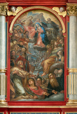 Barockes Altargemälde mit Heiligen und im Zentrum die Christus Mutter Gottes