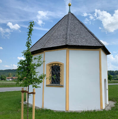 Außenansicht der achtseitigen Pestkapelle auf einer Wiese an einer Straße. Sie hat eine weiße Fassade mit cremefarbenen Verzierungen an den Ecken, dazu ein spitz zulaufendes Dach mit einer goldenen Kugel an der Spitze.