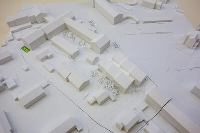 Modell der Häuser aus der Vogelperspektive. 