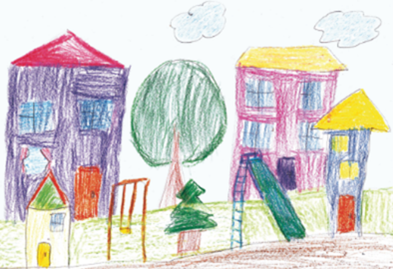 Farbige Zeichnung von Häusern, Bäumen und einem Spielplatz