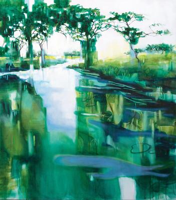 Kunstwerk: Das Gemälde zeigt einen Wasserlauf mit Büschen und Bäumen in Facetten aufgelöst.
