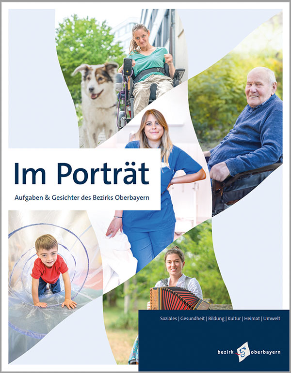Titelbild mit Rautenförmiger Collage: Frau mit Rollstuhl, Frau mit blauer Berufskleidung einer Schwester, alter Mann im Rollstuhl, Kind im Kunststoff-Tunnel, Frau mit Akkordeon