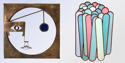 Doppelbild: Links ein abstraktes Gesicht aus einer Messingplatte mit rundem Ausschnitt, darin Kresie aus Plexiglas und Stege. Rechts ein abstraktes Gemälde, auf dem blaue, weiße, türkise und rosane stabartige Formen zu einem Bündel verbunden sind. 