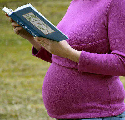 Foto einer schwangeren Frau in rosa Pullover, mit einem Buch in der Hand. Den Kopf sieht man nicht.