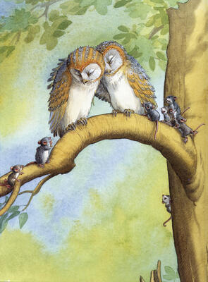 Bilderbuchzeichnung: Zwei Eulen sitzen auf einem Ast im Baum, viele Mäuse scheinen sich mit ihnen zu unterhalten.