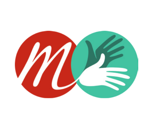 Ein roter Kreis mit einem "M" und ein grüner Kreis mit zwei Händen