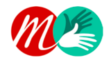 Ein roter Kreis mit einem "M" und ein grüner Kreis mit zwei Händen