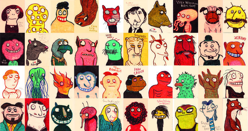 Eine Collage, die mehrere illustrierte Portraits von Figuren aus einem Kinderbuch zeigen.