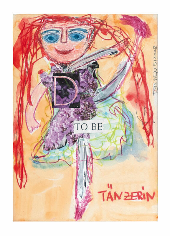 Farbige Ölkreide-Zeichnung mit einenr comicartigen Mädchen-Figur mit blauen Augen und clangen roten Haaren und collageartigen Bildelementen mit Schrift und Blumenfotos.