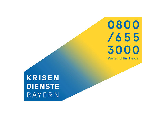 Ein Logo mit der Aufschrift "0800/655 3000 - wir sind für Sie da" Krisendienste Bayern" mit blau-gelbem Farbverlauf.