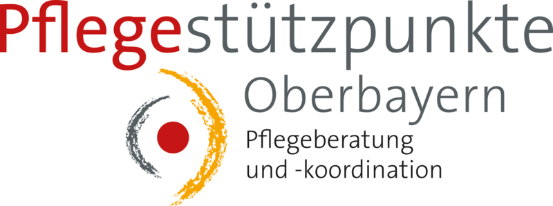 Querformatiges Logo mit der Beschriftung oben: Pflegestützpunkt, darunter: Oberbayern, Pflegeberatung und Koordination. Links eine Grafik mit rotem Punkt und darum einen grauem und orangem Halbkreisbogen.